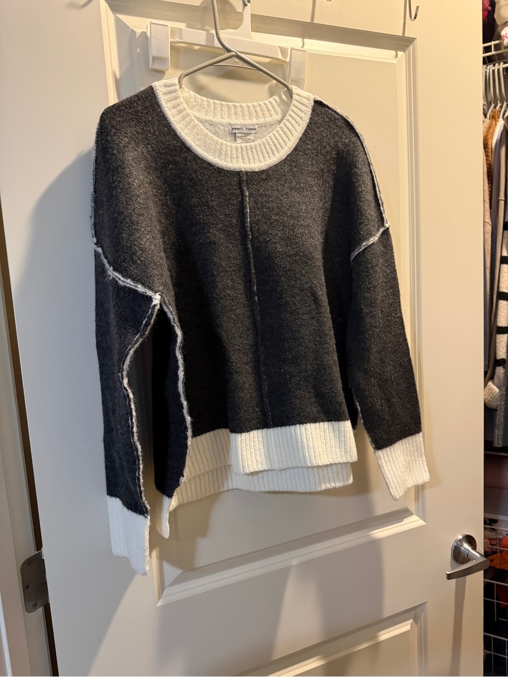 Sweet Romeo Charcoal and White Two-Tone Crewneck Sweater